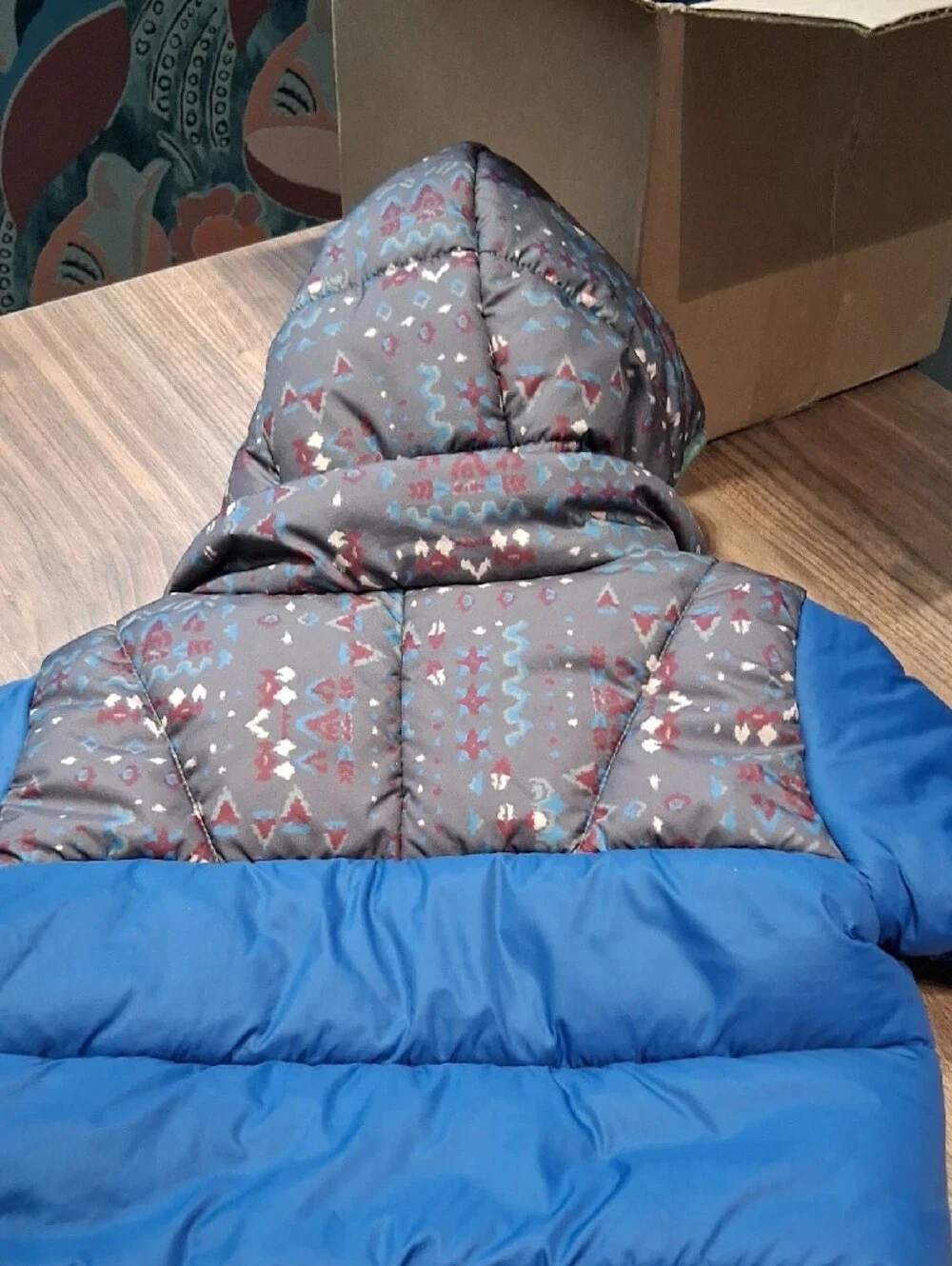 Patagonia Kids Royal Blue Puffer Jacket with Patterned Gray Hood